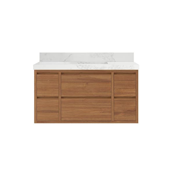 Willow Collections Madison Float 42 in. W x 22 in. D x 36 in. H Single Sink Bath Vanity in Dark Natural with 2" Calacatta Nuvo Qt. Top