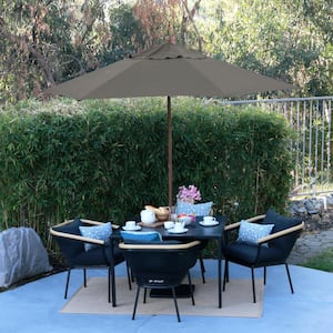 9 ft. Wood-Grain Steel Push Lift Market Patio Umbrella in Polyester Taupe Fabric
