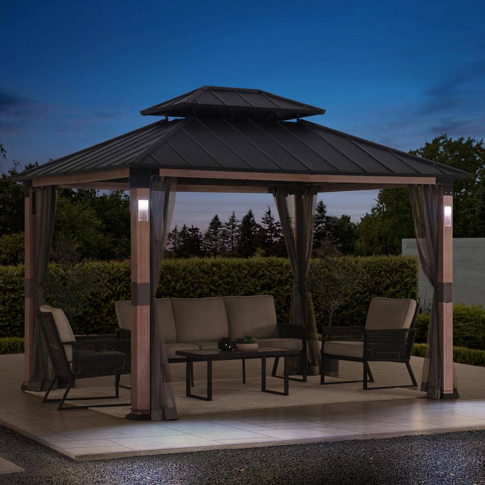 Black Steel 10x12 Hardtop Gazebo with Netting and LED Lights