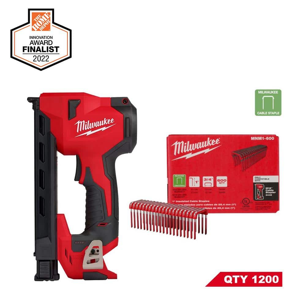 Milwaukee M12 12 Volt Lithium Ion Cordless Cable Stapler w/1 in. Insulated Cable  Staples 600 Per Box (2-Pack) 2448-20-MNM1-600X2 The Home Depot