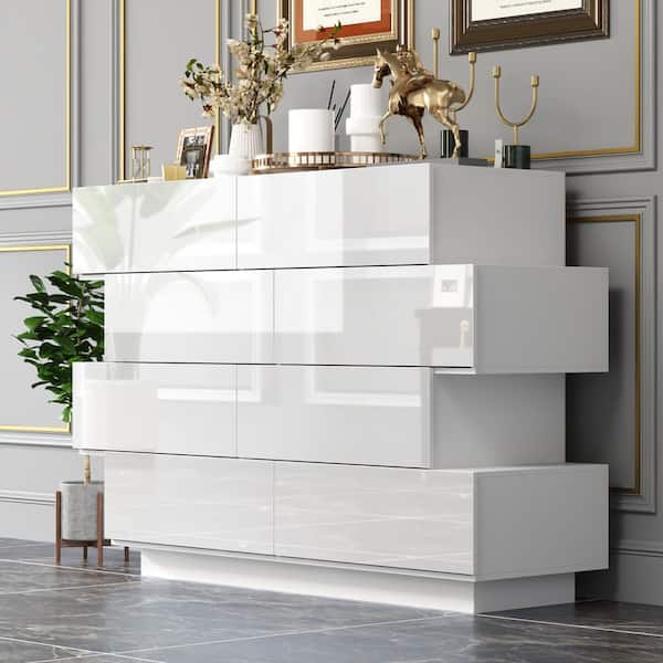 FUFU&GAGA 50.6 in. W High Gloss White Wood 8-Drawer Chest of Drawers Storage Cabinet Modern Style, 16.2 in. D x 39.2 in. H