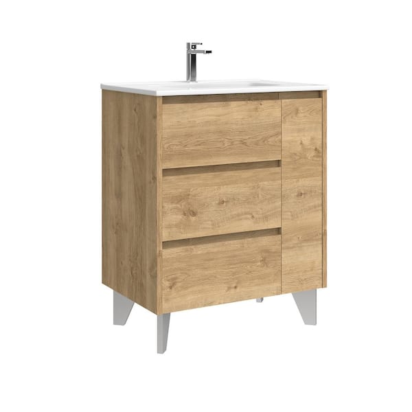 WS Bath Collections Lila 28.0 in. W Single Basin Freestanding Bath Vanity in Natural Oak with Ceramic White Top