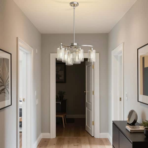 6-Light Brushed Nickel Pendant Light-Curved Metal Frame with Glass Shade, E26 Socket Chandelier for Living Room Foyer