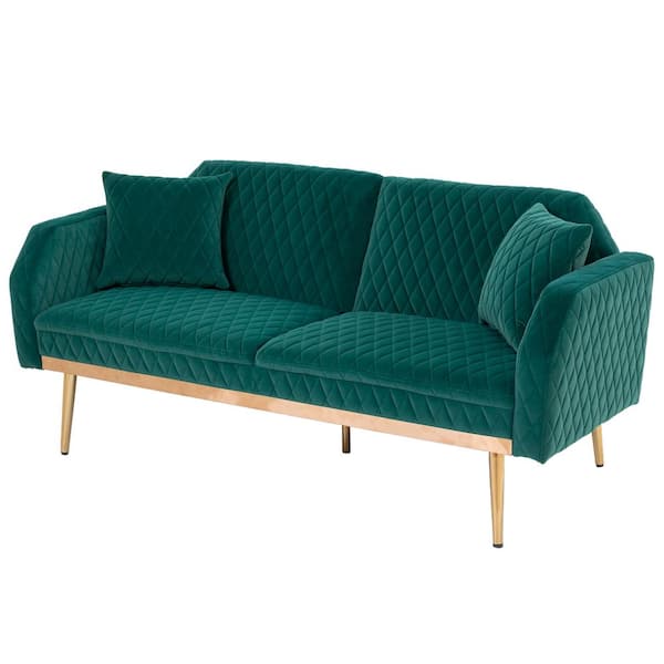 Spaco 66.14 in Wide Square Arm Velvet Straight Accent Sofa with Rose Gold Metal Feet in Green