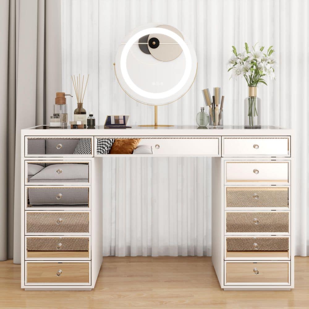 51.18 in. W x 31.89 in. H Rectangular Framless Mirrored Vanity Table 13-Drawer price history on PriceWatchPro