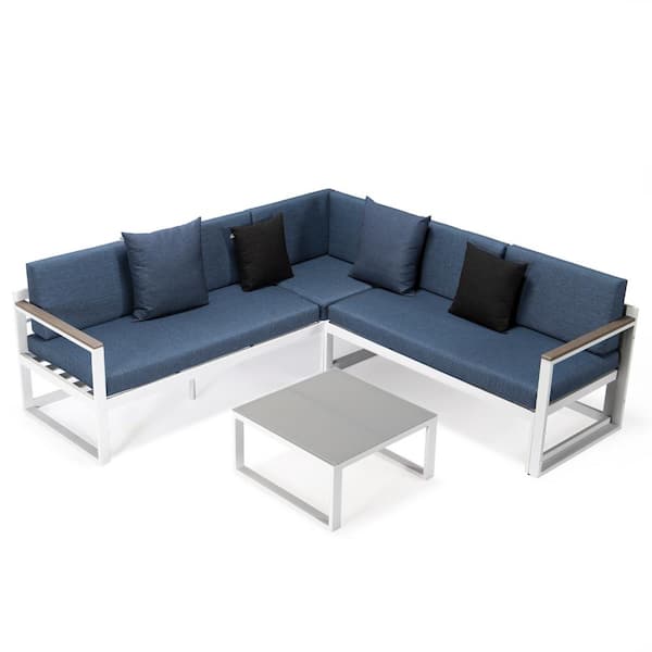 Leisuremod Chelsea White 3-Piece Metal Outdoor Sectional with Blue Cushions