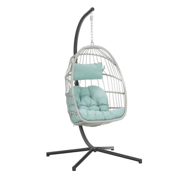 Brafab 1-Person Wicker Patio Swing Egg Chair with Light Blue Cushions