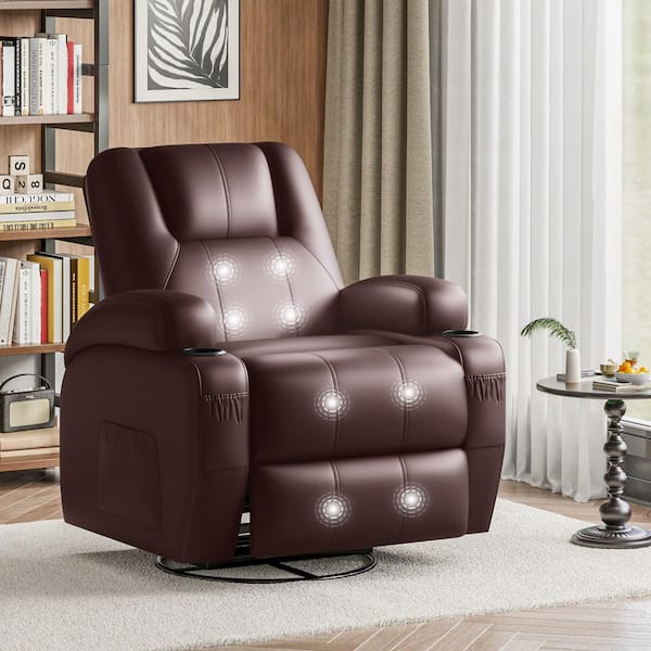 Rocking Recliner Chair with 8-Point Massage, 360° Swivel PU Leather Chair with Two Cup Holders and Side Pockets, Brown
