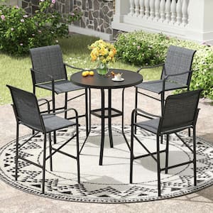 5-Piece Black Metal Round Outdoor Bistroor Set with Curved Armrests for Lawn Garden