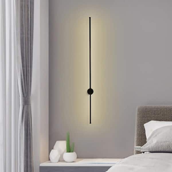 HUOKU Nimbus 34.7 in.W 1-Light Black Minimalist LED Wall Sconce Strip Wall Light Bathroom Lighting with Plug-in and Switch