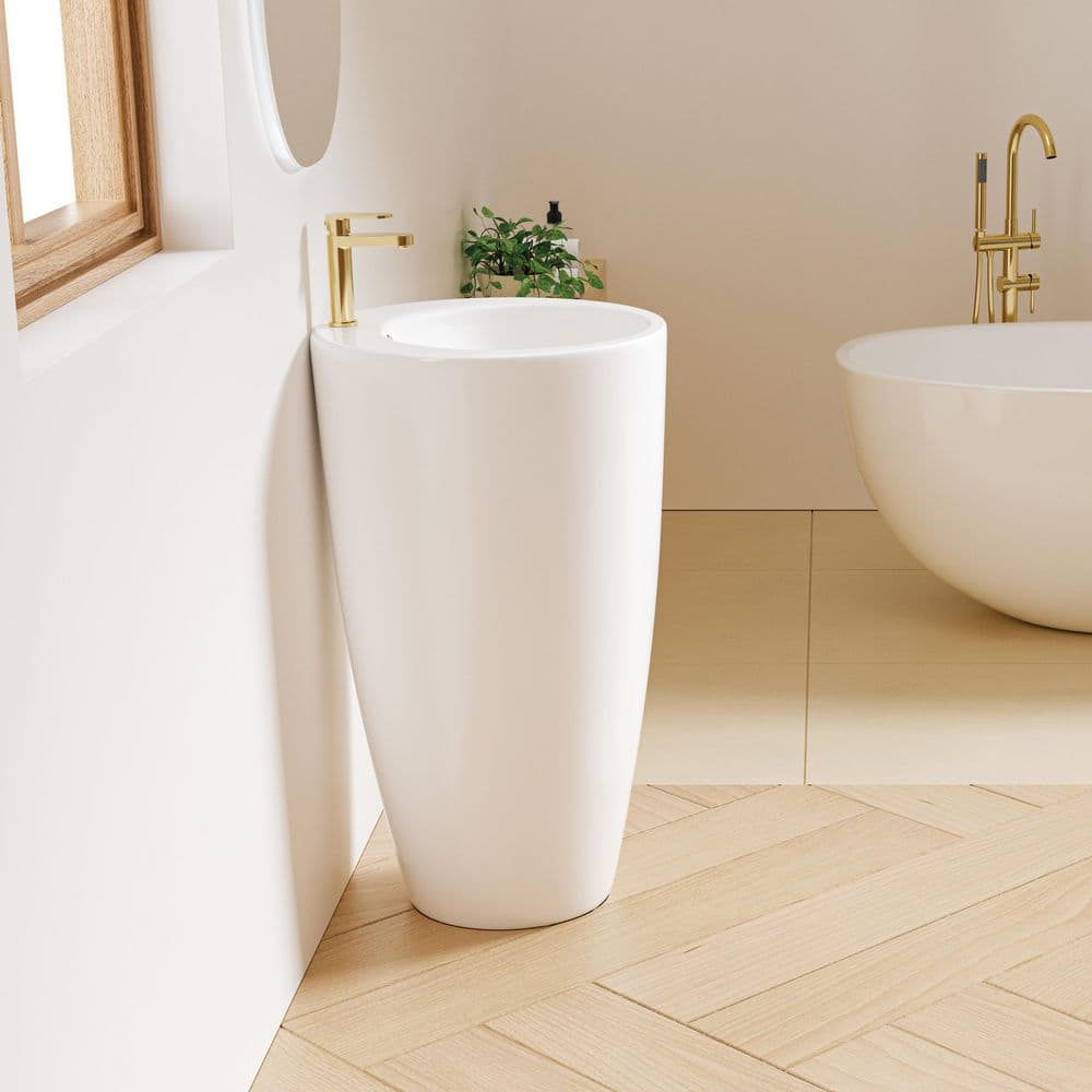 Glossy White Ceramic Round Pedestal Bathroom Sink with Overflow