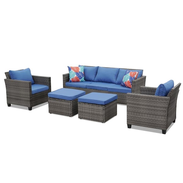 OVASTLKUY 7-Piece Navy Blue Wicker Rattan Sofa Outdoor Furniture Set Patio Conversation with Removable Cushions