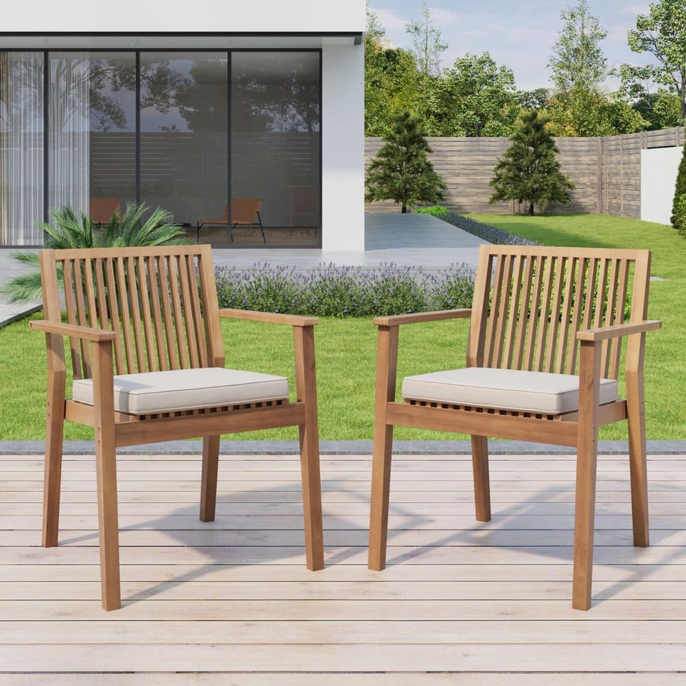 Riverbend Rustic Patio Brown Finish Solid Wood Outdoor Dining Chairs with Beige Cushions, Slat Backrest, (Set of 2) price history on PriceWatchPro