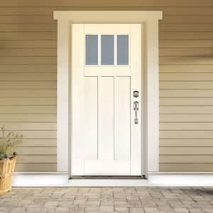 36 in. x 80 in. Smooth White Left-Hand Inswing 3-Lite Frosted Craftsman Finished Fiberglass Prehung Front Door