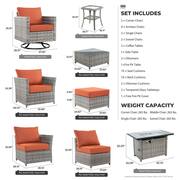 Vesta Gray 16-Piece Wicker Outerdoor Patio Rectangular Fire Pit Set with Orange Red Cushions and Swivel Rocking Chairs