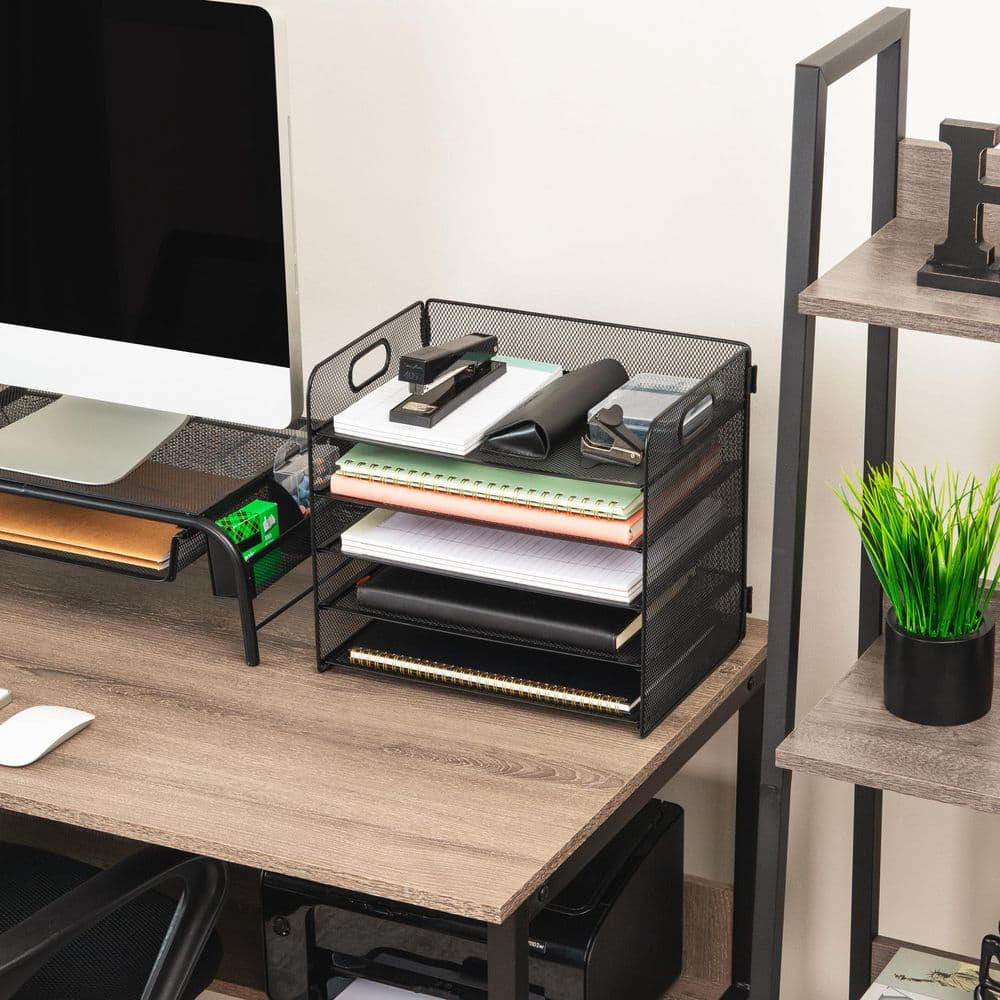 Black 9 in. W x 11.5 in. H Metal 5 Tier Paper Tray Desktop Organizer, Removable Shelves, Decorative Tray, Black
