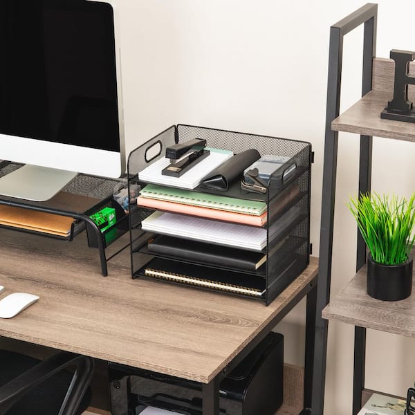 Black 9 in. W x 11.5 in. H Metal 5 Tier Paper Tray Desktop Organizer, Removable Shelves, Decorative Tray, Black