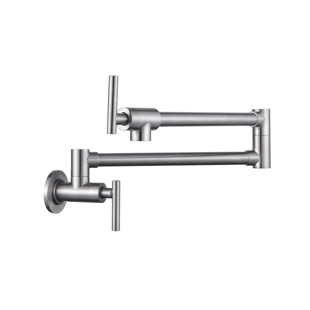 Double Handle Brushed Nickel Wall Mount Pot Filler Kitchen Faucet With Cross Handle 360 5696