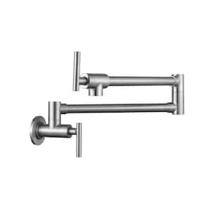 Double Handle Brushed Nickel Wall Mount Pot Filler Kitchen Faucet with Cross Handle, 360° Rotation & Folding Functions