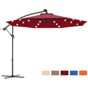 10 ft. Cantilever Patio Umbrella with Solar LED without Weighted Base in Red
