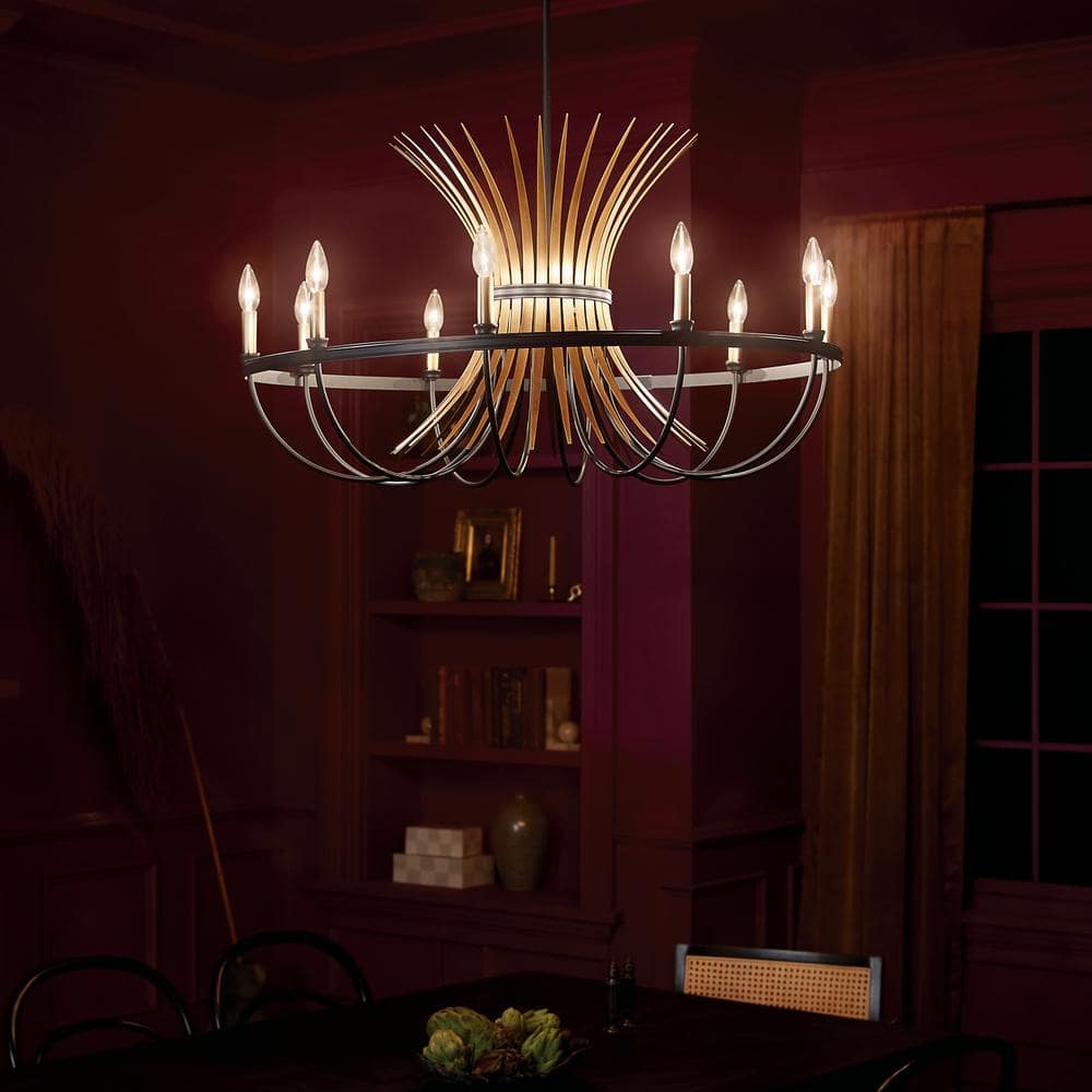 Baile Elegant Black 10-Light Taper Candle Chandelier with Vintage Brass Accents