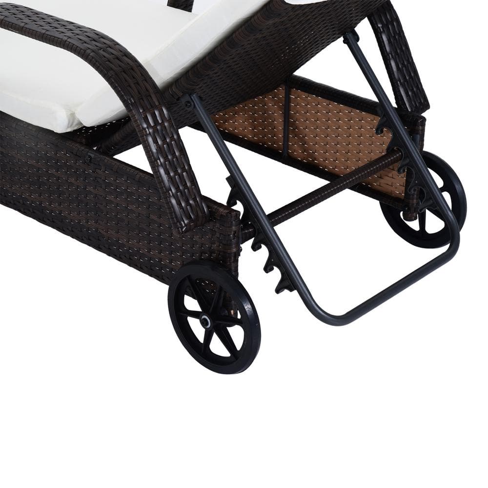 Brown and White Rattan Wicker Outdoor Chaise Lounge Set with Cushions