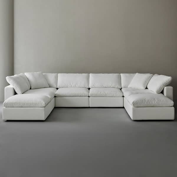 Modern 157 in. Wide Square Arm Linen Fabric U-Shaped Sectional Sofa Combination 6 Seats with Two Ottomans in Pearl White