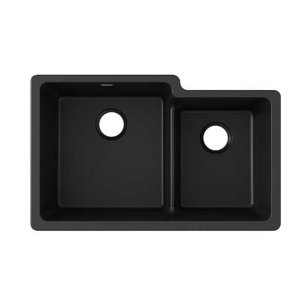 Quartz Classic 33 in. Undermount Offset 60/40 Double Bowl Black Granite/Quartz Composite Kitchen Sink Only