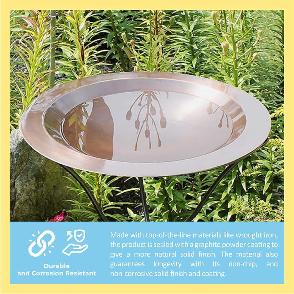 Large Antique Copper Metal Birdbath Bowl with Stand