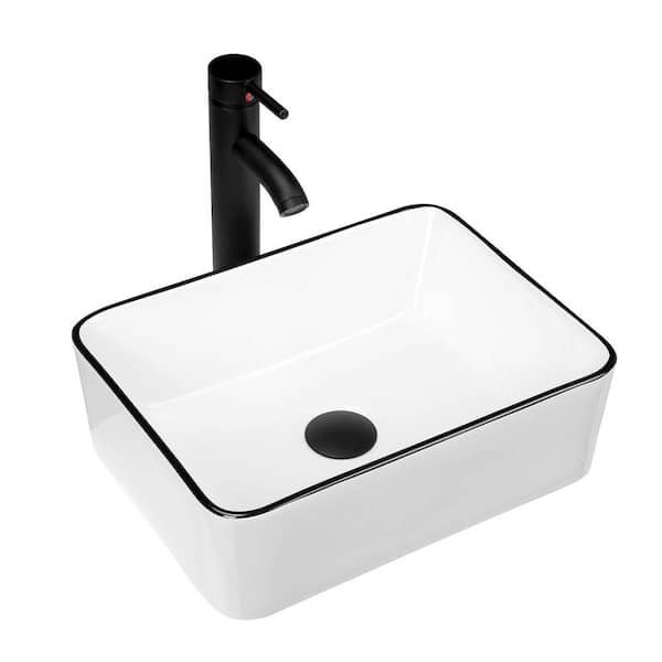 16 in. x 12 in. Vessel Bathroom Sink with Faucet, White Porcelain Above-Counter Bathroom Basin with Black Edge