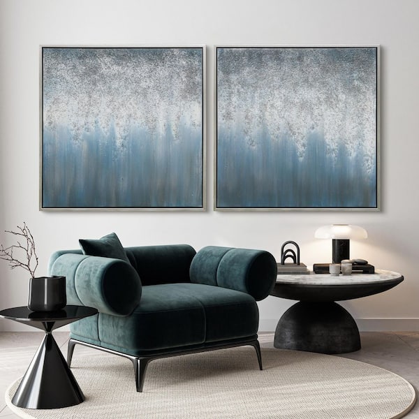 Blue Rain Textured Metallic Hand Painted by Martin Edwards Framed Abstract Diptych Set Canvas Wall Art