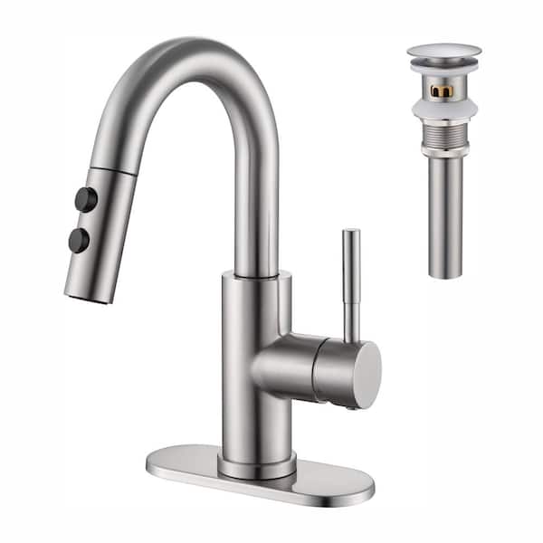 GAGALIFE Single Handle High Arc Bathroom Sink Faucet with Pull Out Sprayer and Pop Up Drain in Brushed Nickel