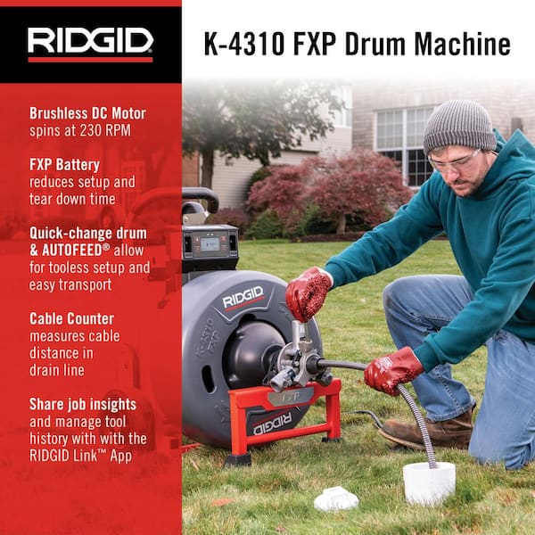 K-4310 FXP 3/4 in. Drain Cleaning Drum Machine, Includes 8-Piece Tool Set, Bag, Gloves, 2 FXP Battery-8.0 Ah and Charger