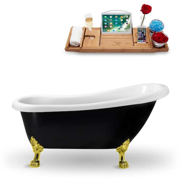 61 in. Acrylic Clawfoot Non-Whirlpool Bathtub in Glossy Black With Polished Gold Clawfeet And Polished Gold Drain