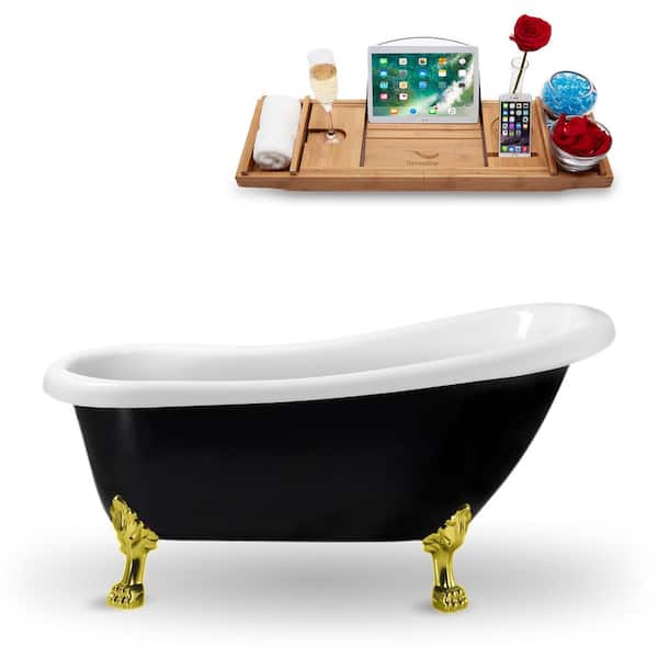 Streamline 61 in. Acrylic Clawfoot Non-Whirlpool Bathtub in Glossy Black With Polished Gold Clawfeet And Polished Gold Drain