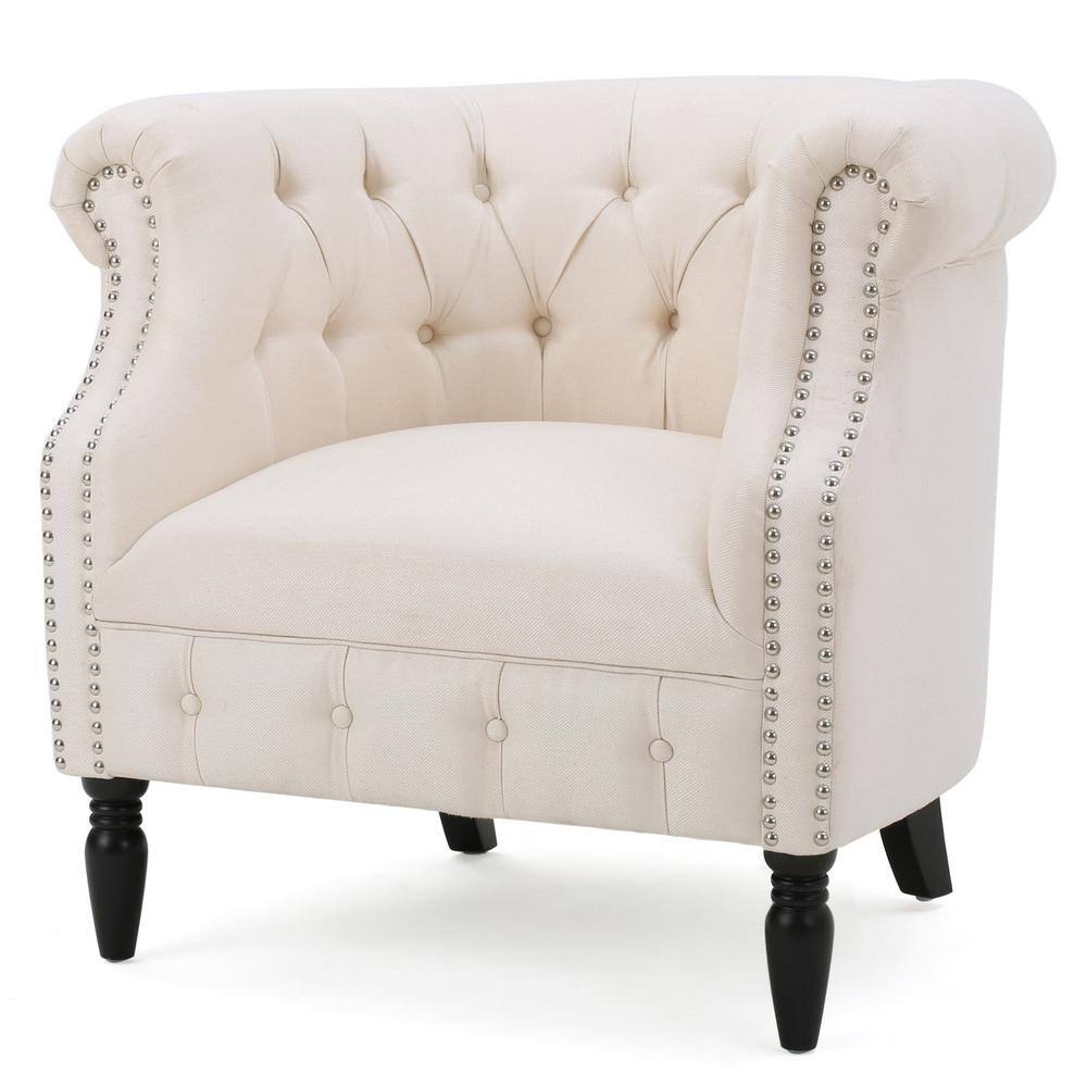 Beige Tufted Polyester Arm Chair with Wood Frame