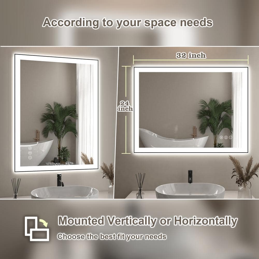 24x32 Inch Black Aluminum LED Vanity Mirror with Anti-Fog