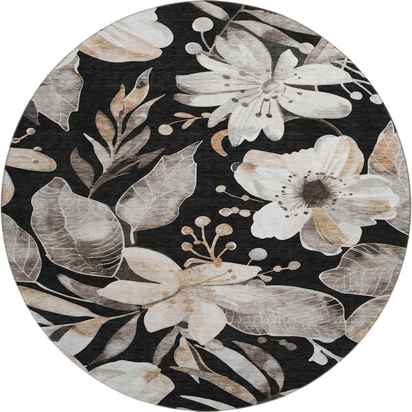 Mayfield Premium Machine Washable Abstract AMF2260 Black 8 ft. x 8 ft. Round Rug