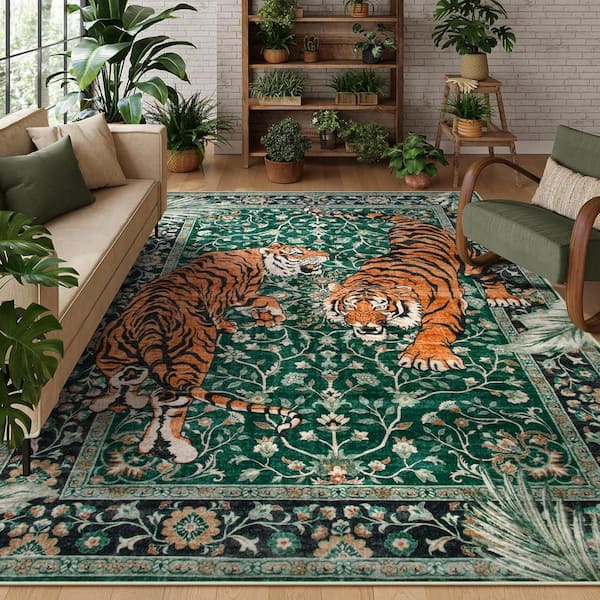 Lahome 6 ft. x 9 ft. Green Goldene Vintage Tiger Washable Non Slip