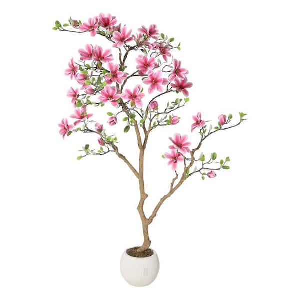 6 ft. Realistic Artificial Magnolia Tree, Real Touch Silk Leaves and Soft Pink Blooms, No-Maintenance Indoor/Outdoor