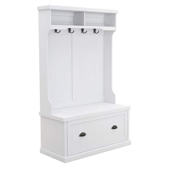ATHMILE White Entryway Hall Tree with Coat Rack 4 Hooks and Storage Bench Shoe Cabinet
