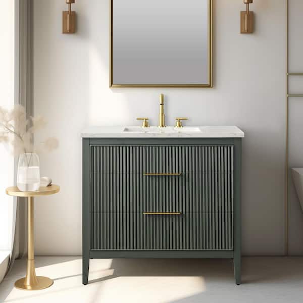 Emma 36 in. W Bath Vanity in Vintage Green with Engineered Stone Top in Arabescato with White Sink