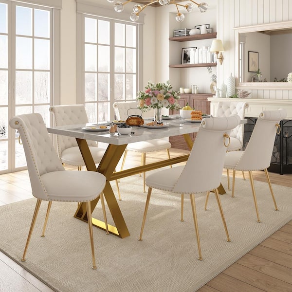Clihome Natural Marble Top 71 in. Pedestal Dining Table with X Shape Stainless Steel Seat of 6 to 8 CL DLSJJ 180