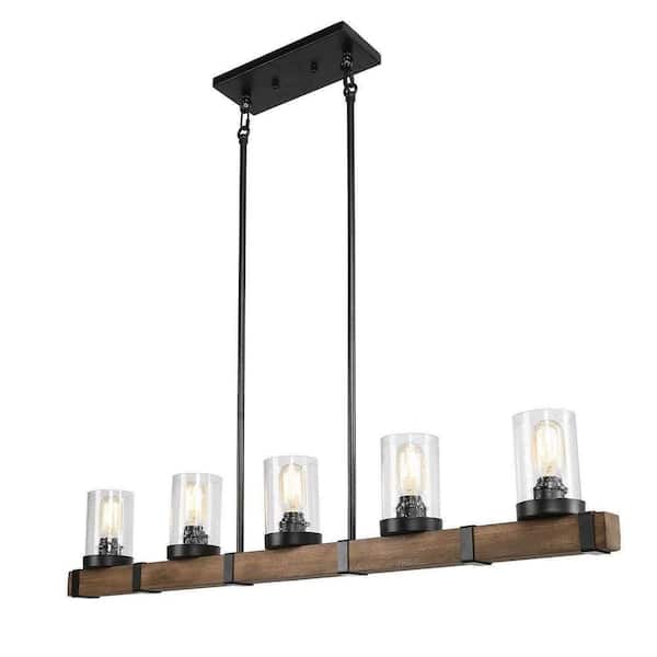 LNC Asben II 5-Light Modern Farmhouse Chandelier Wood Black Linear Island Chandelier with Seeded Glass Shades and Rivets