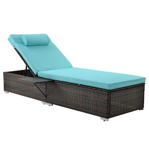 2-Piece Wicker Outdoor Patio Chaise Lounge Chair with Blue Cushion and Adjustable Backrest for Garden, Backyard