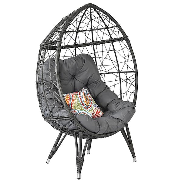DIRECT WICKER Lilith Wicker Stationary Patio Recliner Egg Chair with Gray Cushion