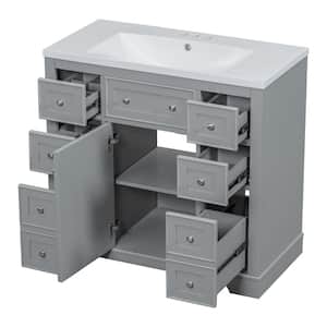 36 in. W x 18 in. D x 34.5 in. H Bathroom Vanity Cabinet in Gray with 6 Drawers, Single White Ceramic Sink Top