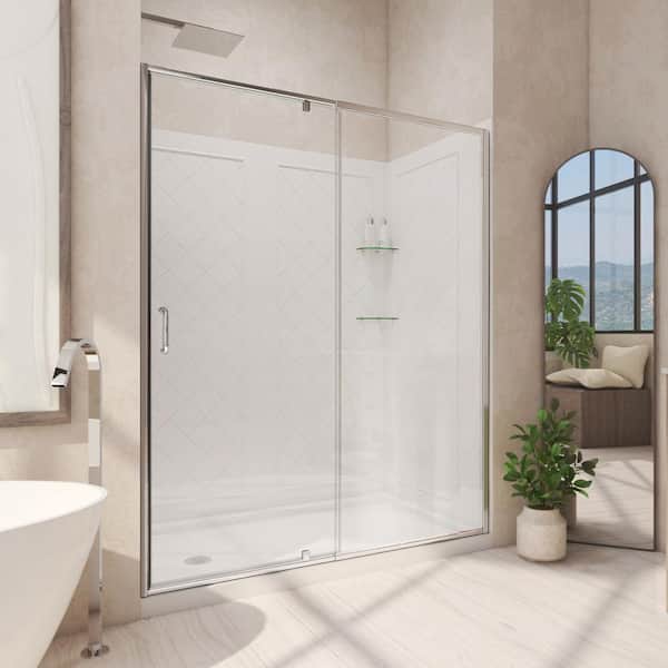 DreamLine Flex 60 in. W x 36 in. D x 76.75 in. Framed Pivot Shower Door in Chrome with Left Drain White Base and Backwall Kit