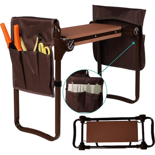 Unbranded Garden Kneeler and Seat with with Tool Bag Pouch, Foldable Garden Stool with EVA Foam Kneeling Pad, Medium, Brown