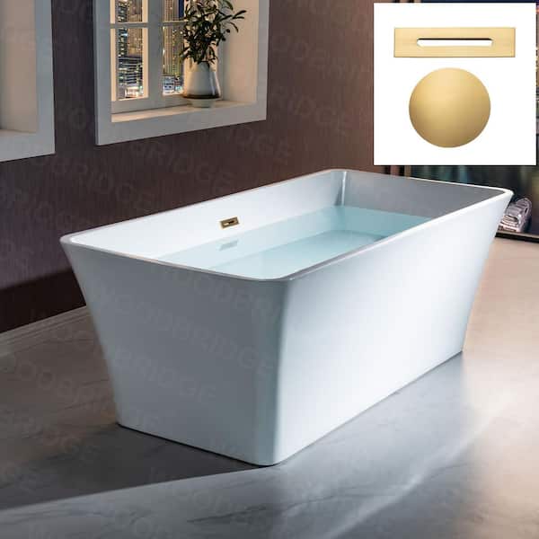 WOODBRIDGE Neptune 67 in. Acrylic FlatBottom Rectange Bathtub with Brushed Gold Overflow and Drain Included in White